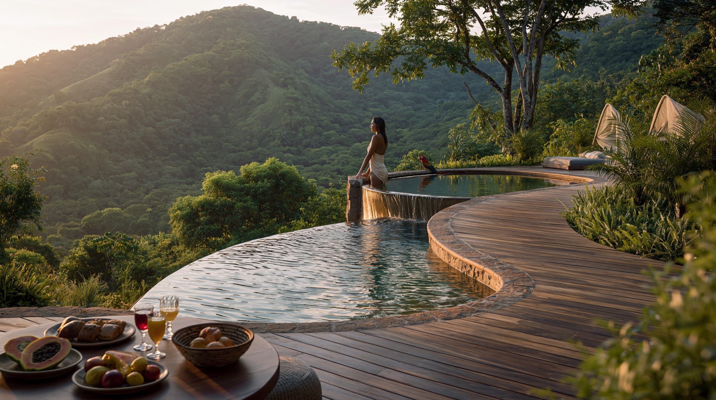 Eco-villa with infinity pool overlooking the tropical dry forest at dusk, scarlet macaw at the edge