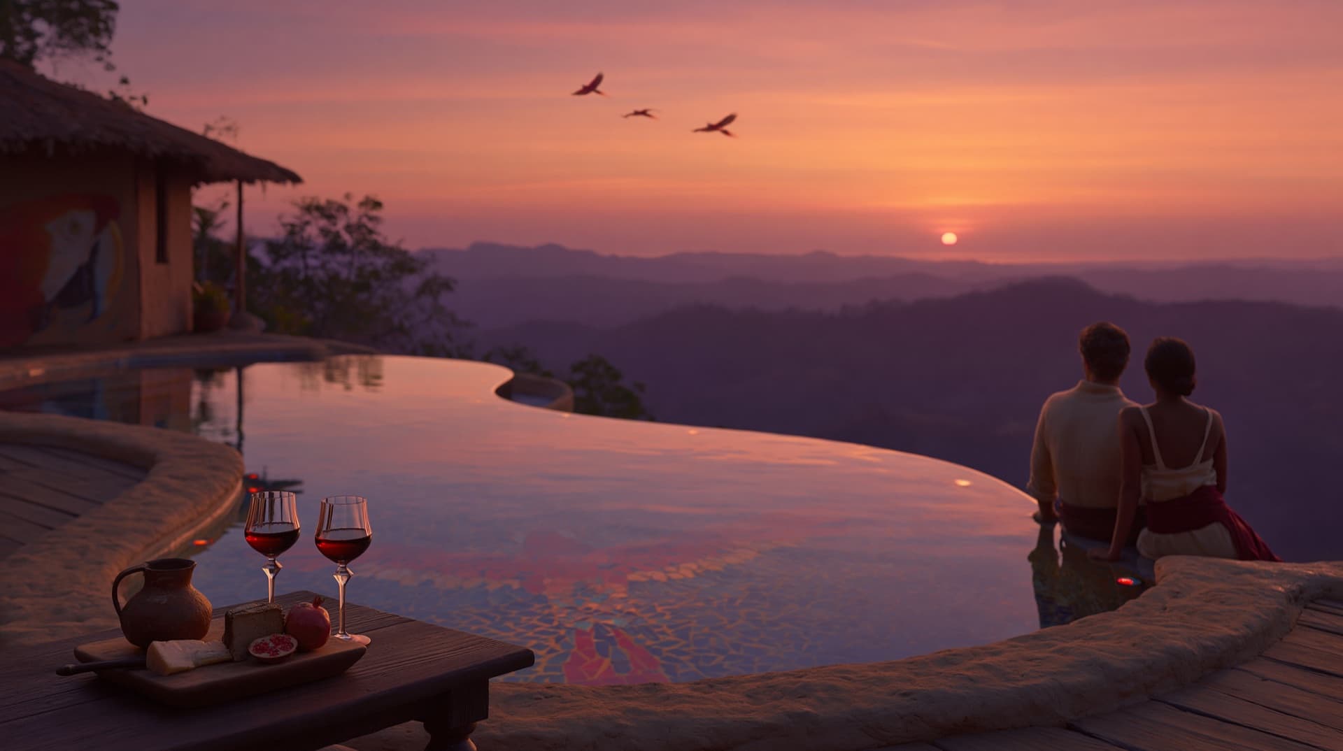 Couple at sunset by the infinity pool of an eco-lodge at Los Loros, with macaws crossing the sky above the ridge